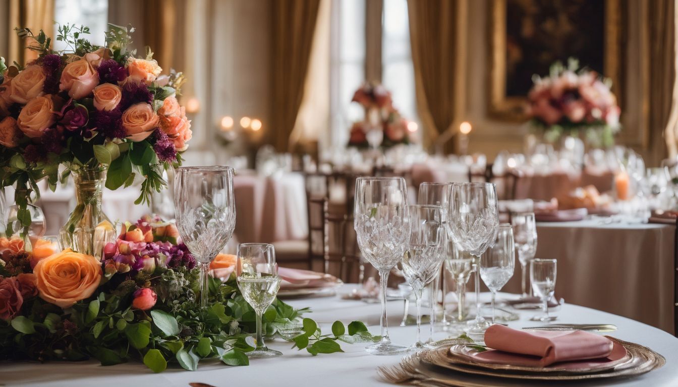 Une table de mariage magnifiquement dressée avec des décorations florales et une vaisselle élégante.