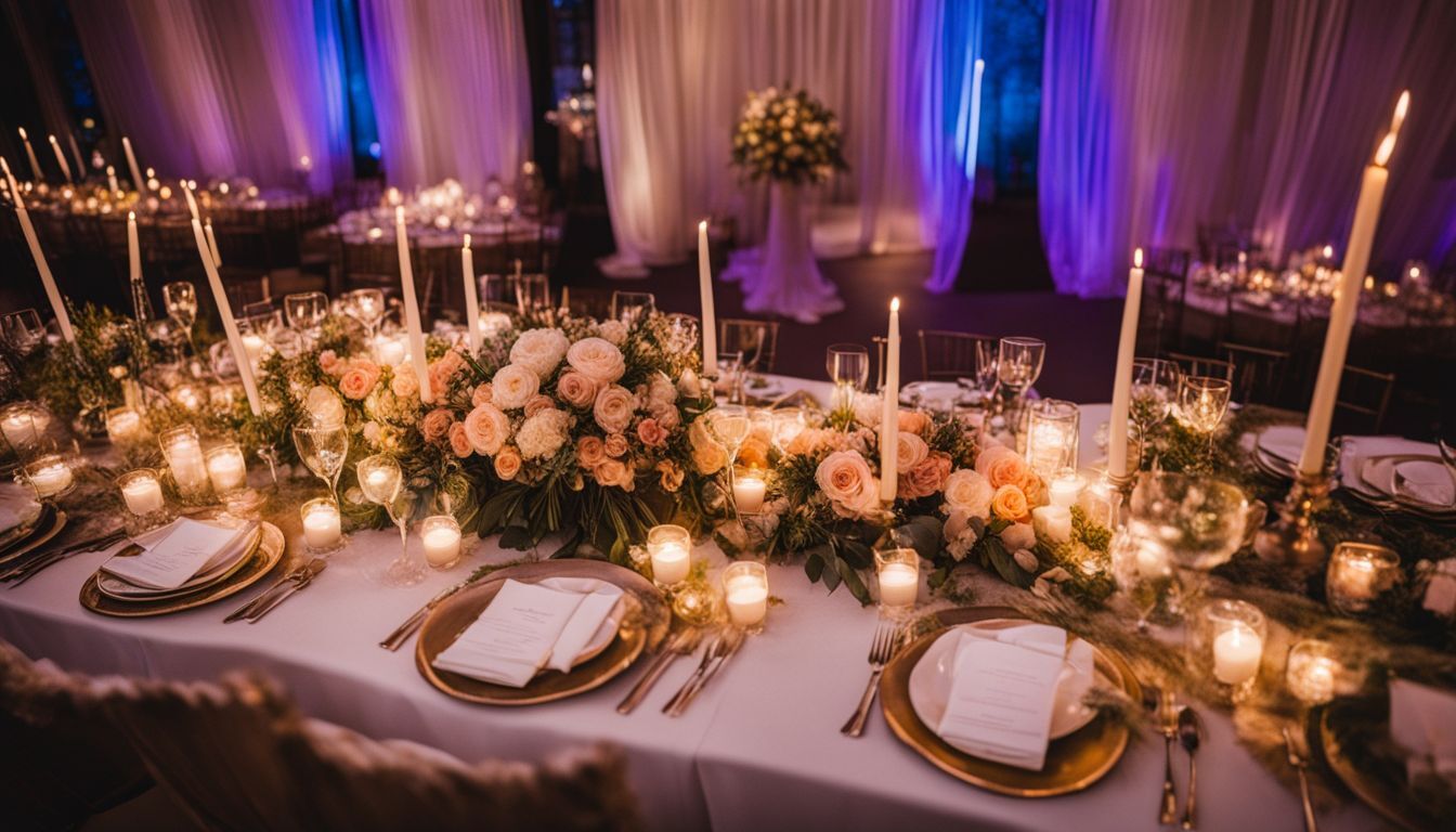 [Image Description]: Une photo d'une table de mariage magnifiquement décorée en forme de croix, avec différentes personnes et tenues.