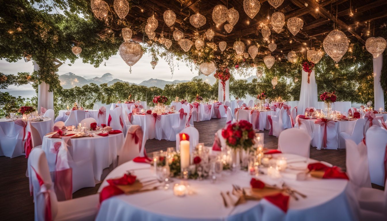 Des tables disposées en forme de cœur avec une décoration romantique pour un mariage.