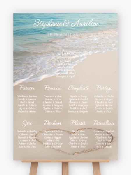 Plan de table mariage - Coeur sur le sable